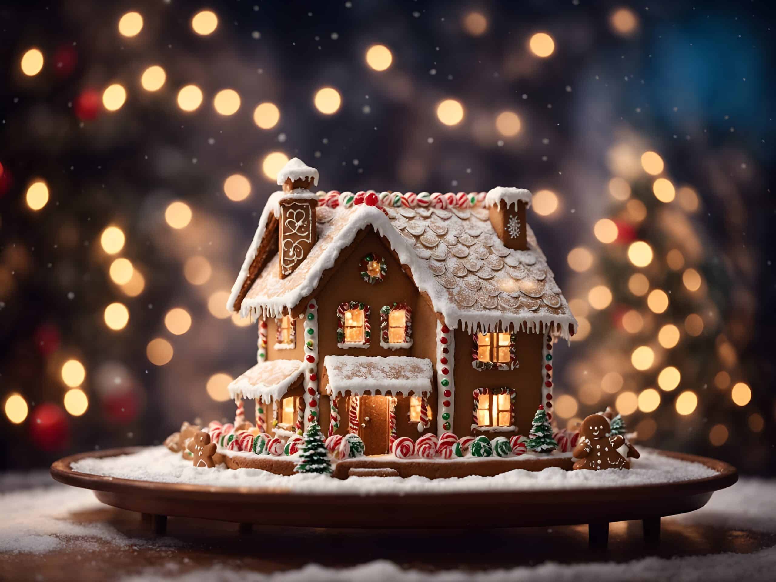 gingerbread house in the snow